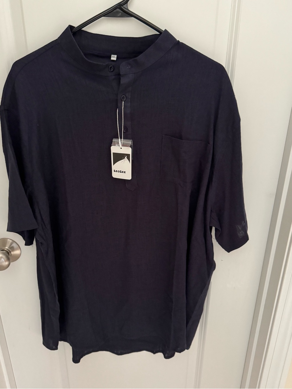 Men's Navy Short-Sleeve Grandad Collar Shirt